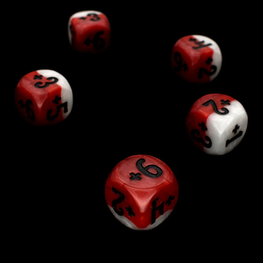Magic Guild Counters - Equip &amp; Execute are a 5-piece set of 16mm, layered red and white d6 dice for use with Magic the Gathering, available in positive and negative and inked in black.