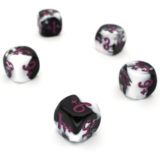 Magic Guild Counters - Remove &amp; Reanimate are a 5-piece set of 16mm, swirled white and black d6 dice for use with Magic the Gathering, available in positive and negative and inked in purple.