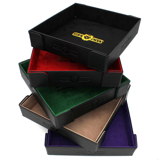 Made of vegan leather and microsuede, our dice trays have hidden magnets that hold them together and are available in druid green, warlock purple, barbarian tan, rogue red, and necromancer black.