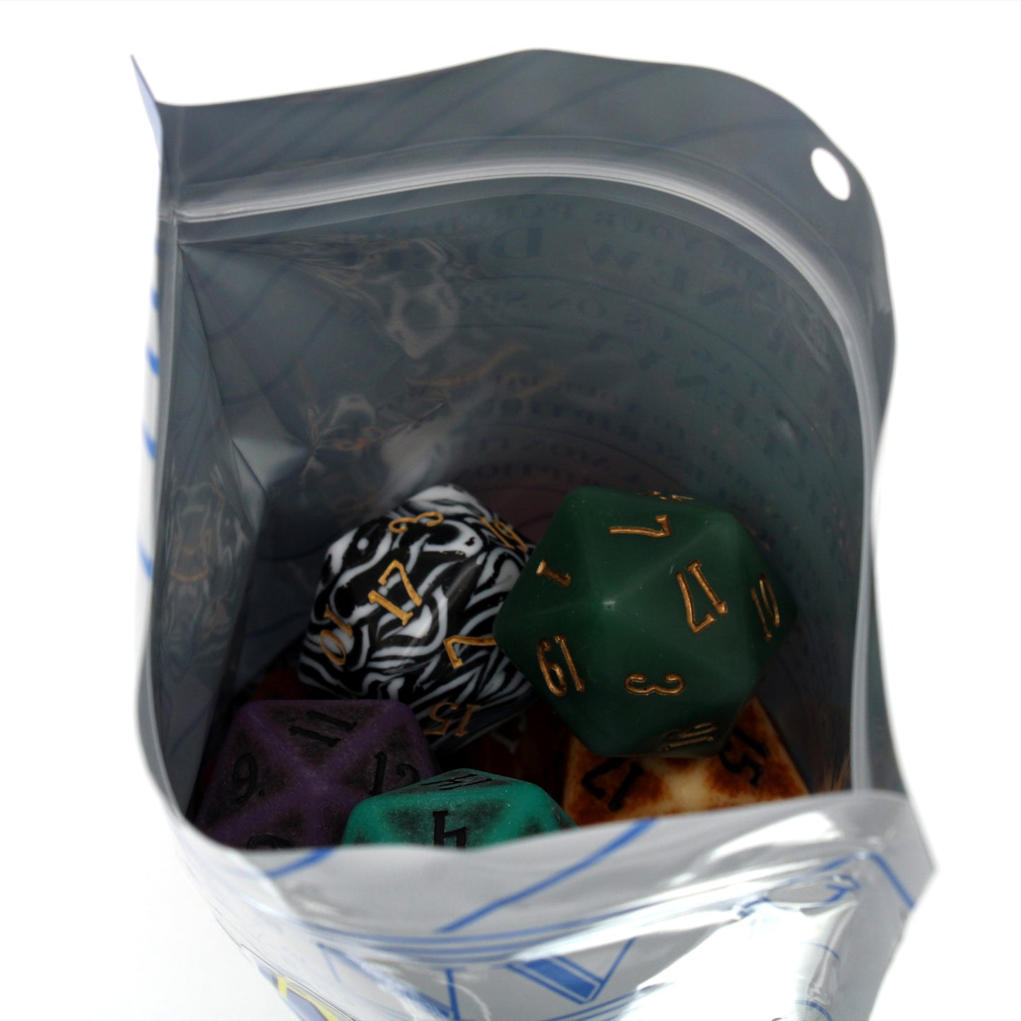 Each Oops! All Chonkies Pound of Dice contains 18 Chonky polymer d20s of varying styles and colors.