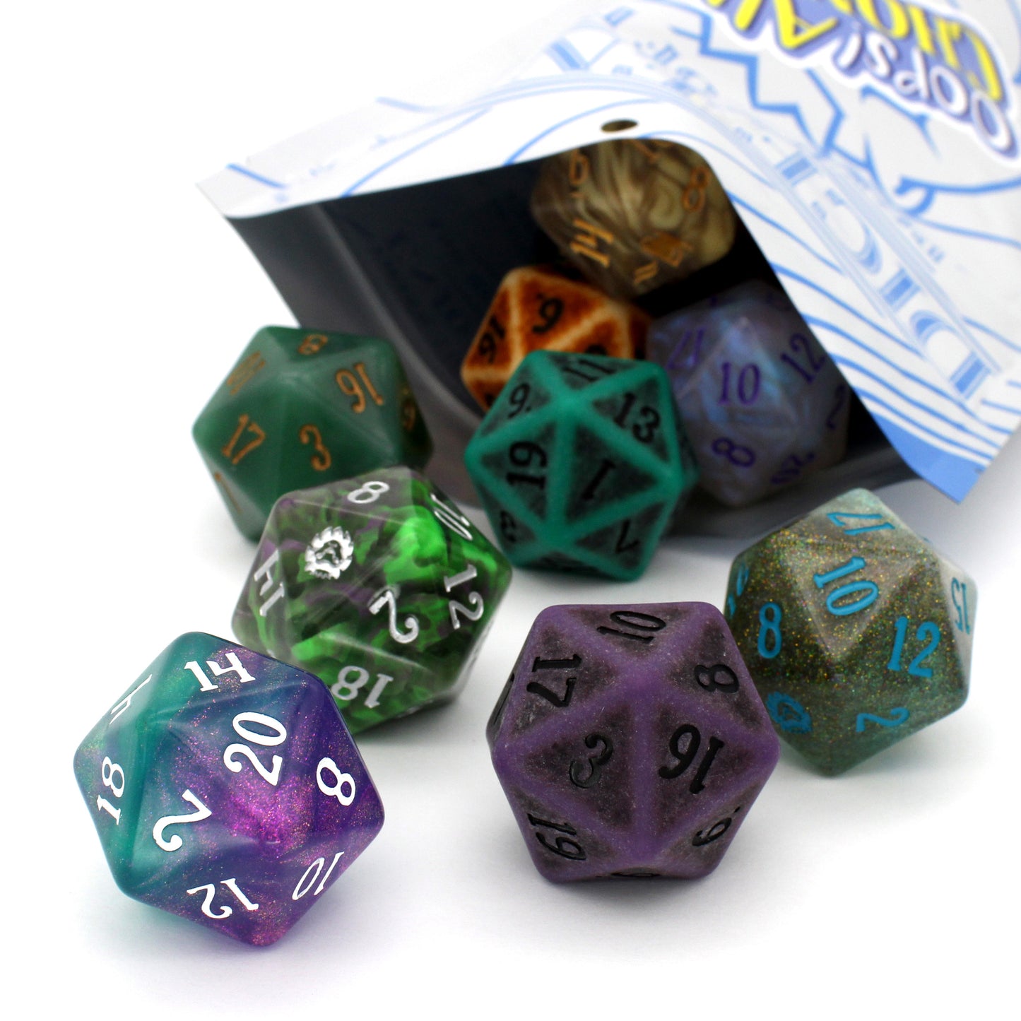 Each Oops! All Chonkies Pound of Dice contains 18 Chonky polymer d20s of varying styles and colors.
