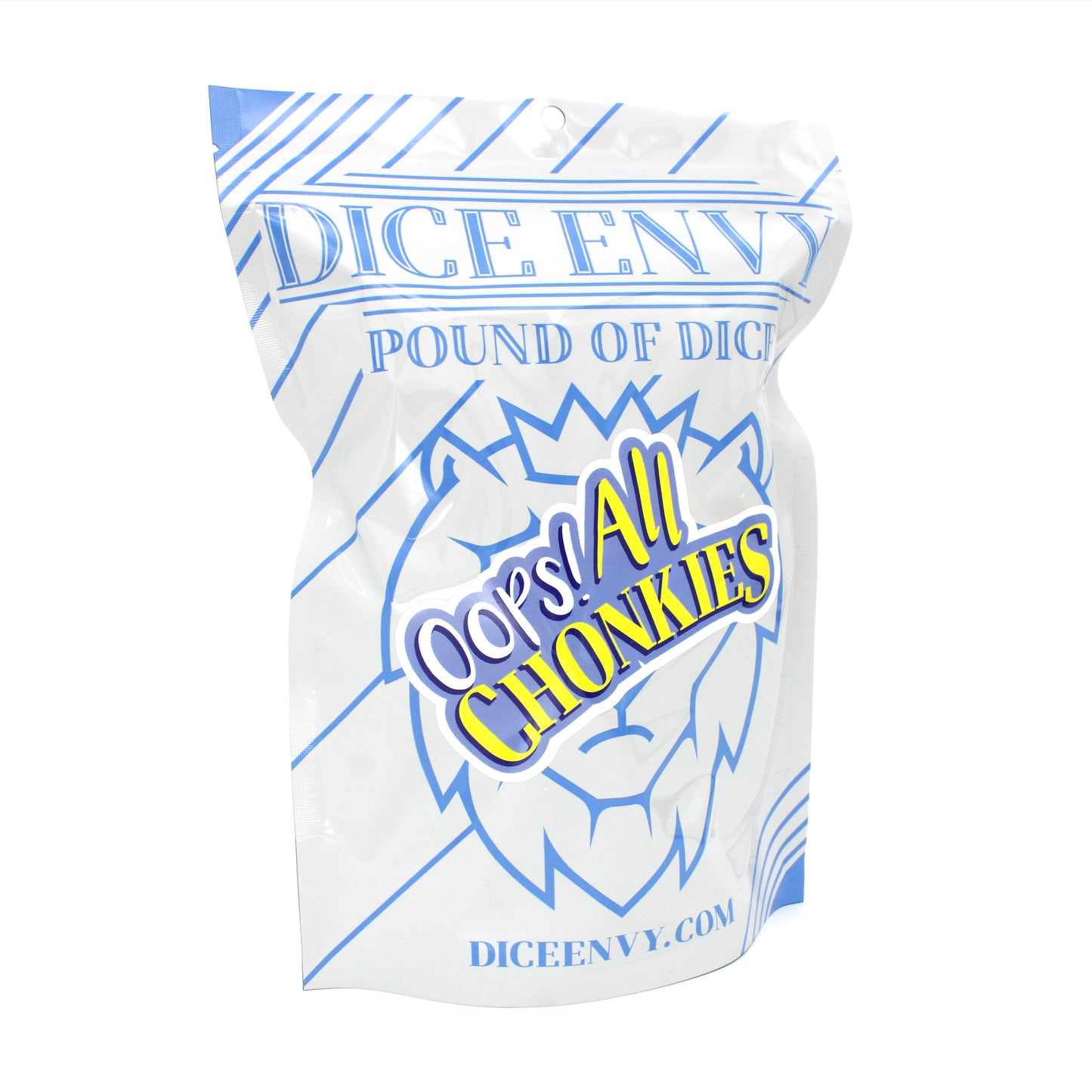 Each Oops! All Chonkies Pound of Dice contains 18 Chonky polymer d20s of varying styles and colors.