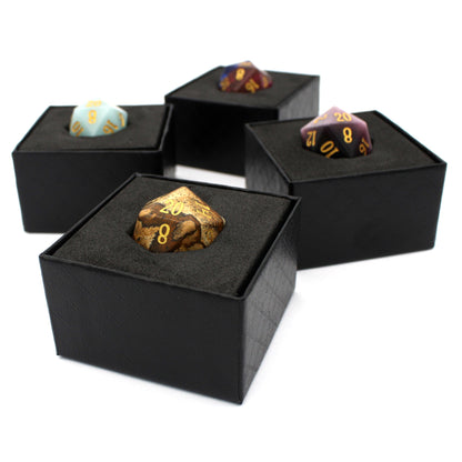 Mystery Stone d20s are in the standard, 16mm size.