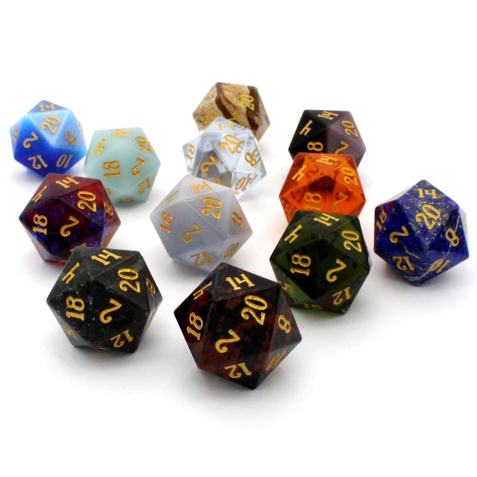 Mystery Stone d20s are in the standard, 16mm size.