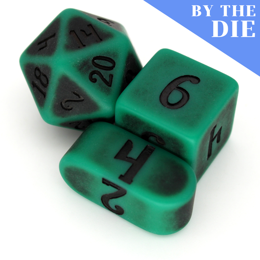 Naga Hide (by the die) are individual brilliant green resin dice with a matte finish and a darkened center pattern, inked in black. A fleshy part of our Monstrous Elements collection!