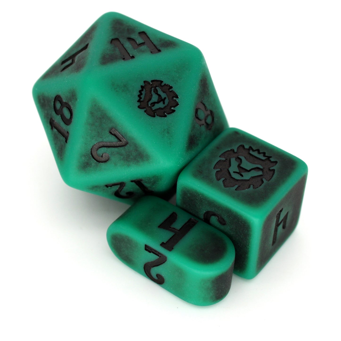 Naga Hide is a 10-piece set of brilliant green resin dice with matte finish and a darkened center pattern, inked in black.