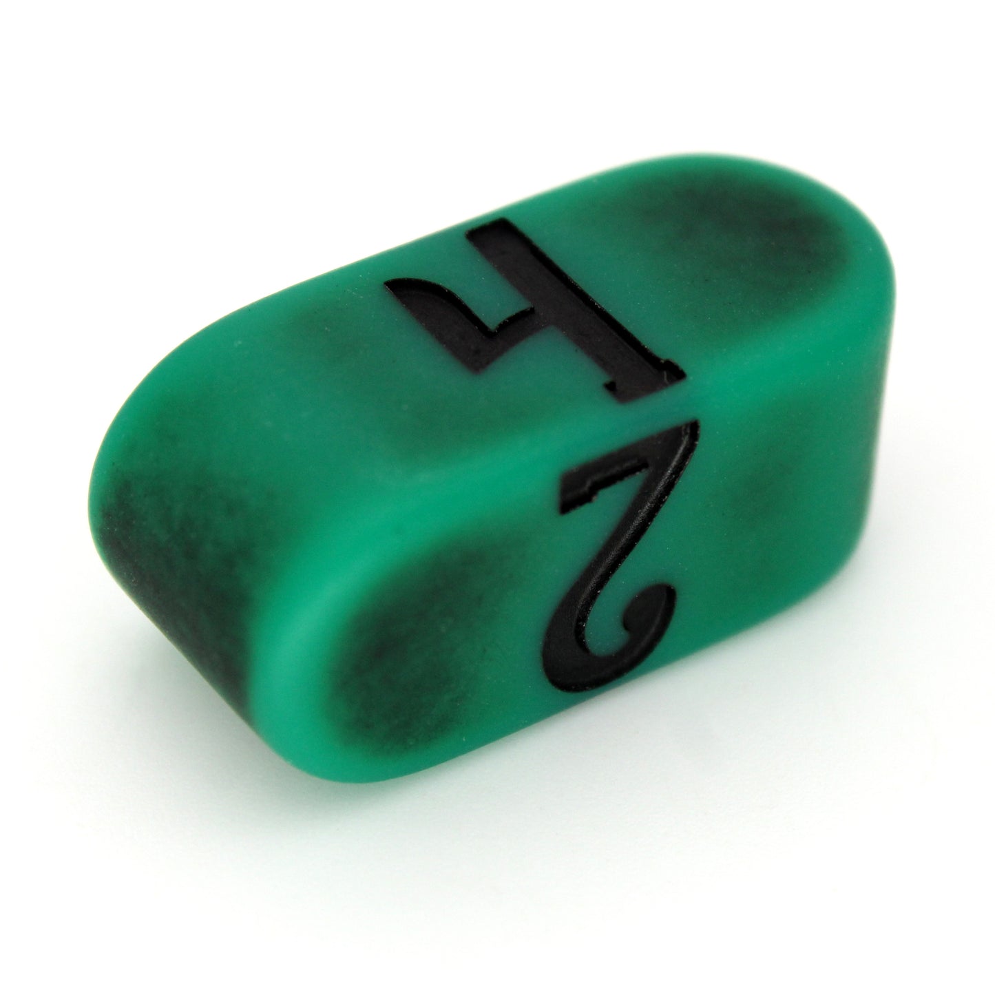 Naga Hide Infinity is a brilliant green acrylic Infinity d4 with a matte finish and darkened pattern, inked in black.