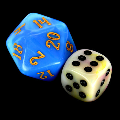 Nerd of Paradise is a 10-piece set of swirled, tropical pastel 12mm d6s, with pips inked in black.