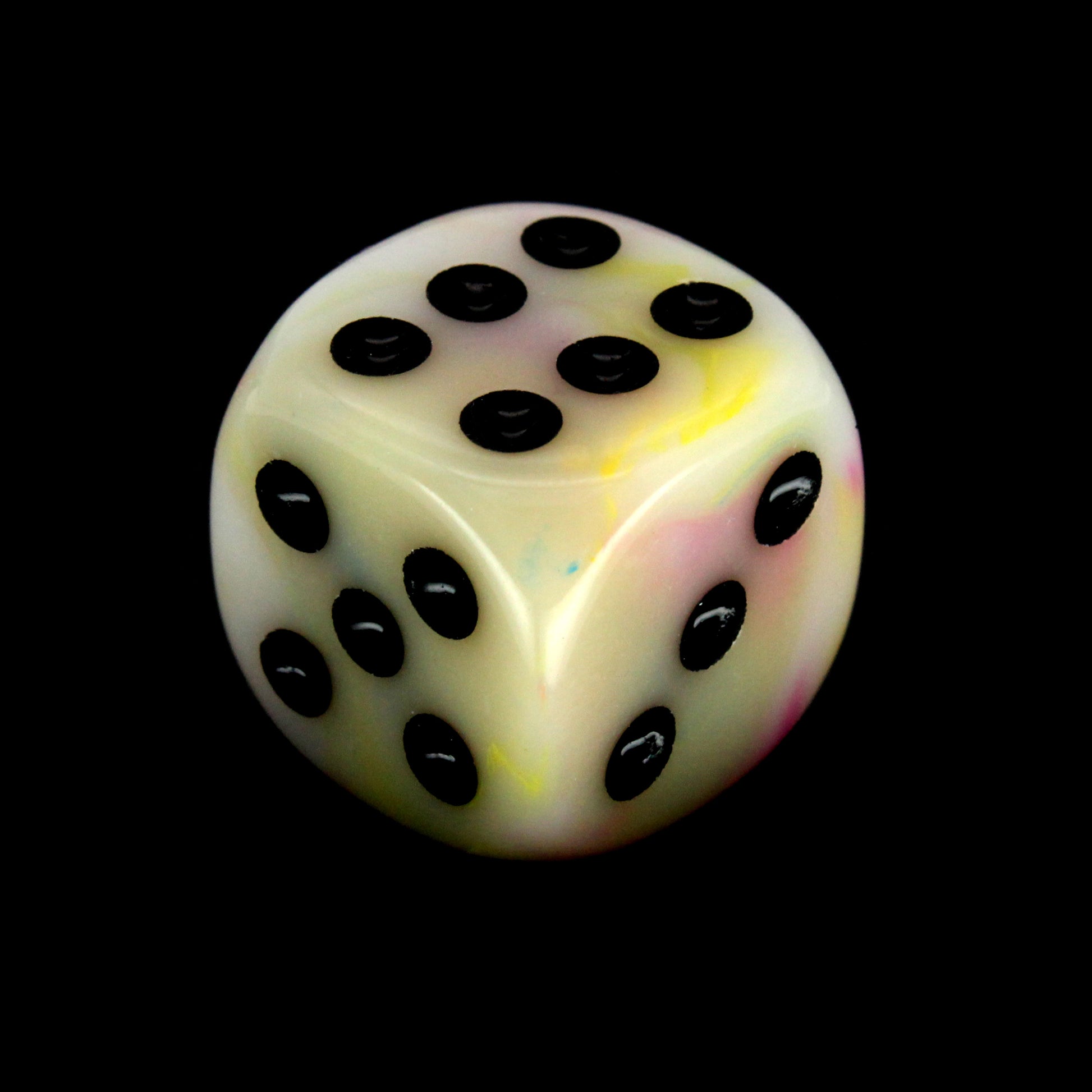 Nerd of Paradise is a 10-piece set of swirled, tropical pastel 12mm d6s, with pips inked in black.