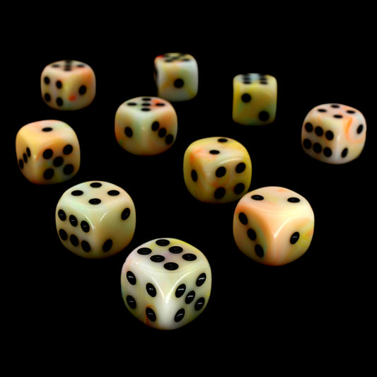 Nerd of Paradise is a 10-piece set of swirled, tropical pastel 12mm d6s, with pips inked in black.