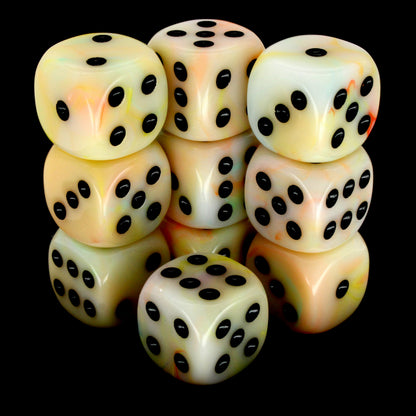 Nerd of Paradise is a 10-piece set of swirled, tropical pastel 12mm d6s, with pips inked in black.