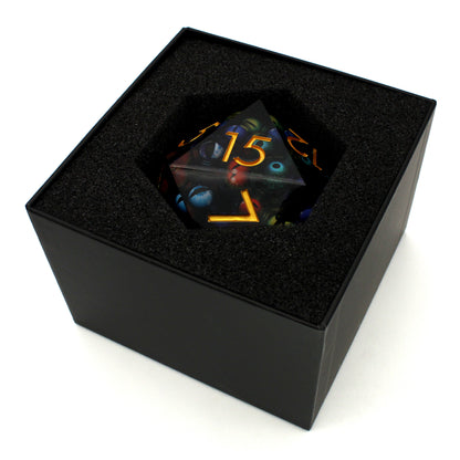 Nightmare King is an 85mm transparent liquid core d20 with shifting eyeball inclusions.