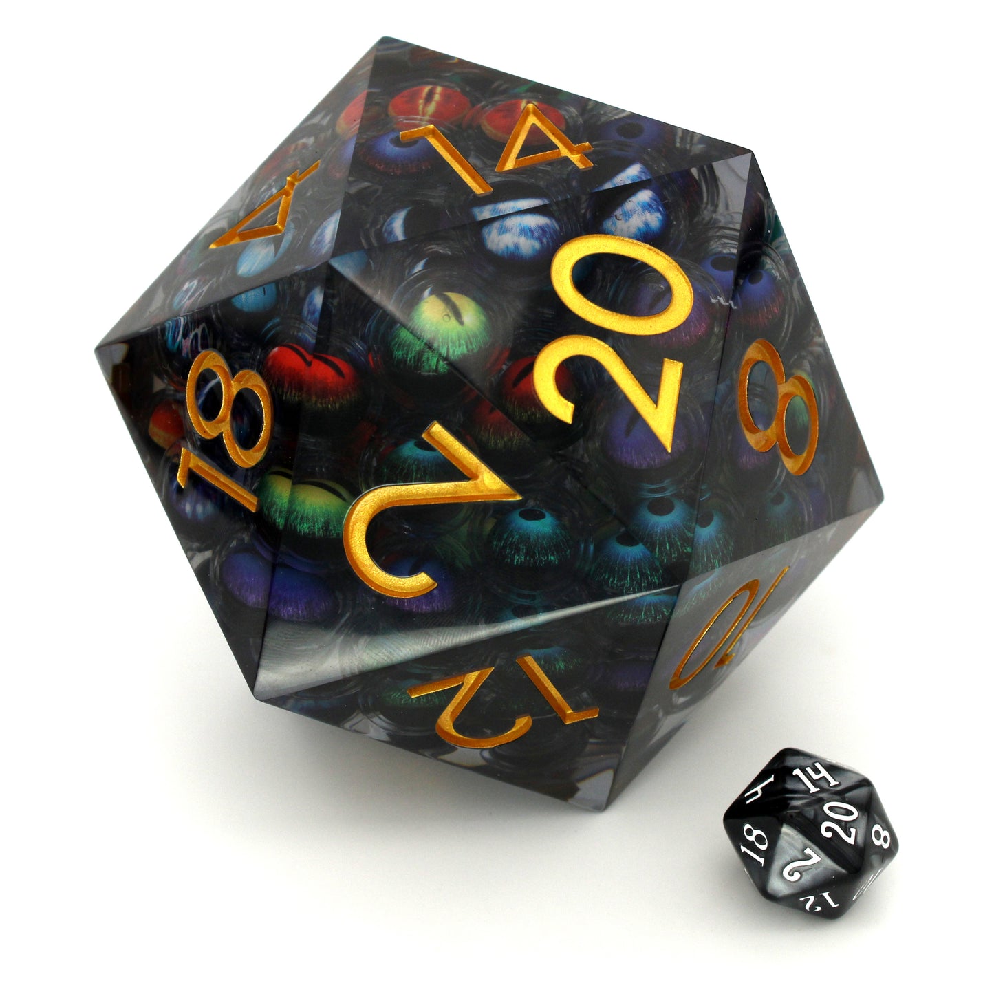 Nightmare King is an 85mm transparent liquid core d20 with shifting eyeball inclusions.