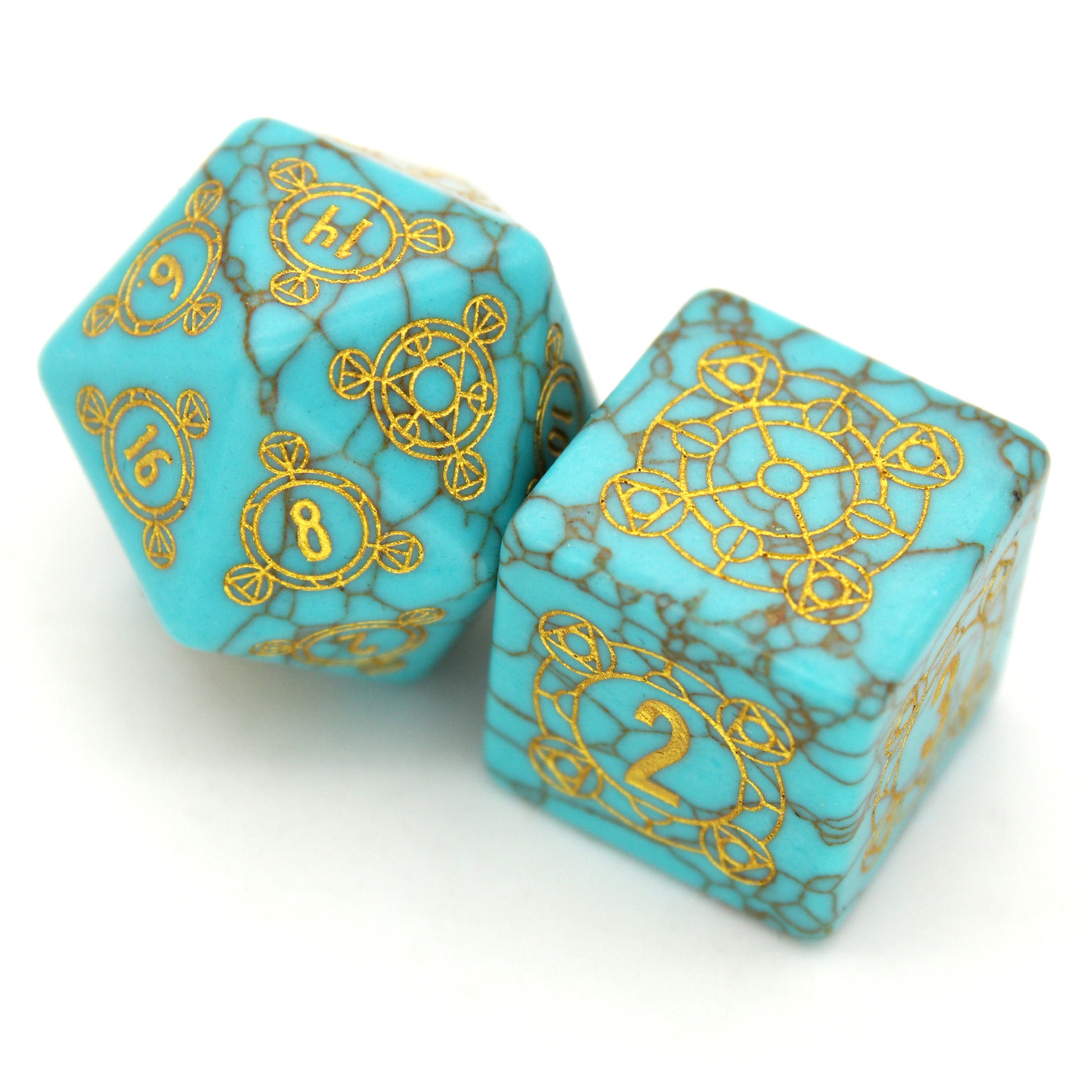 Oasis is a 7-piece set of dice cut from lab-made turquoise, engraved with Dice Envy's exclusive Sigil design and inked in gold.