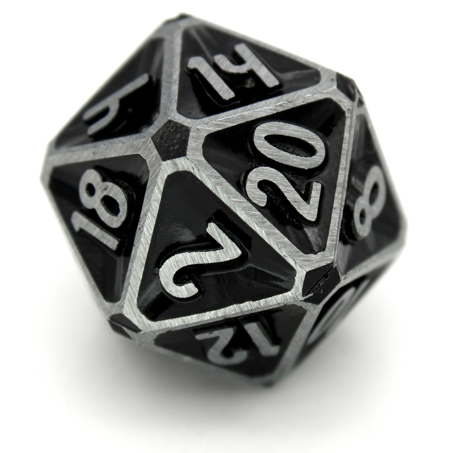 Oath of Conquest is a Dice Envy Exclusive 8-piece set of zinc-alloy, concave, metal dice with a black paint glaze. It is part of the Oathbound collection.
