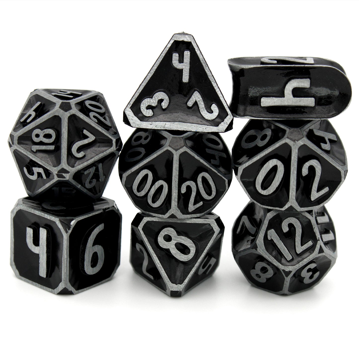 Oath of Conquest is a Dice Envy Exclusive 8-piece set of zinc-alloy, concave, metal dice with a black paint glaze. It is part of the Oathbound collection.
