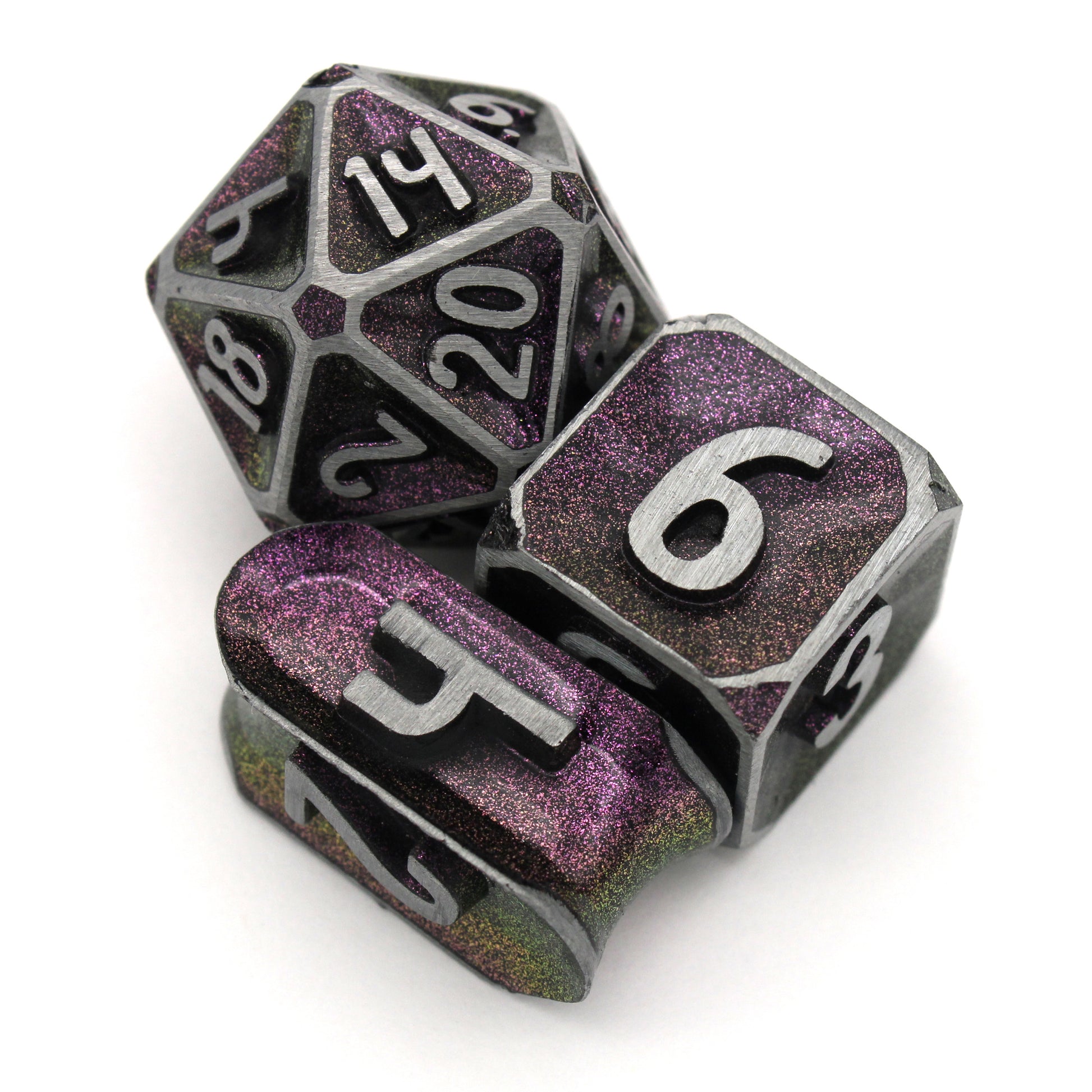Oath of Glory is a Dice Envy Original 8-piece set of zinc-alloy, concave, metal dice with a metallic burgundy paint glaze. It is part of the Oathbound collection.