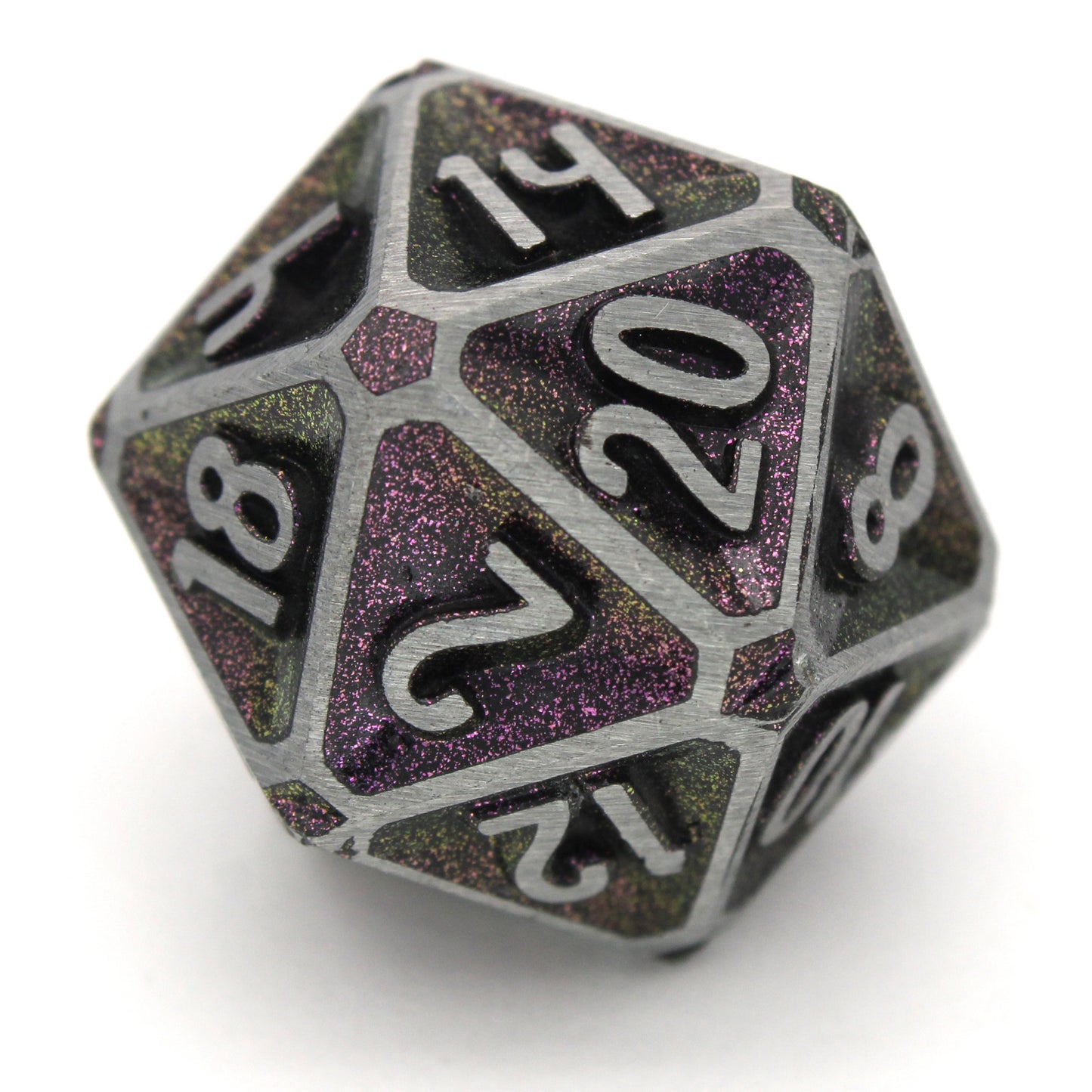 Oath of Glory is a Dice Envy Original 8-piece set of zinc-alloy, concave, metal dice with a metallic burgundy paint glaze. It is part of the Oathbound collection.