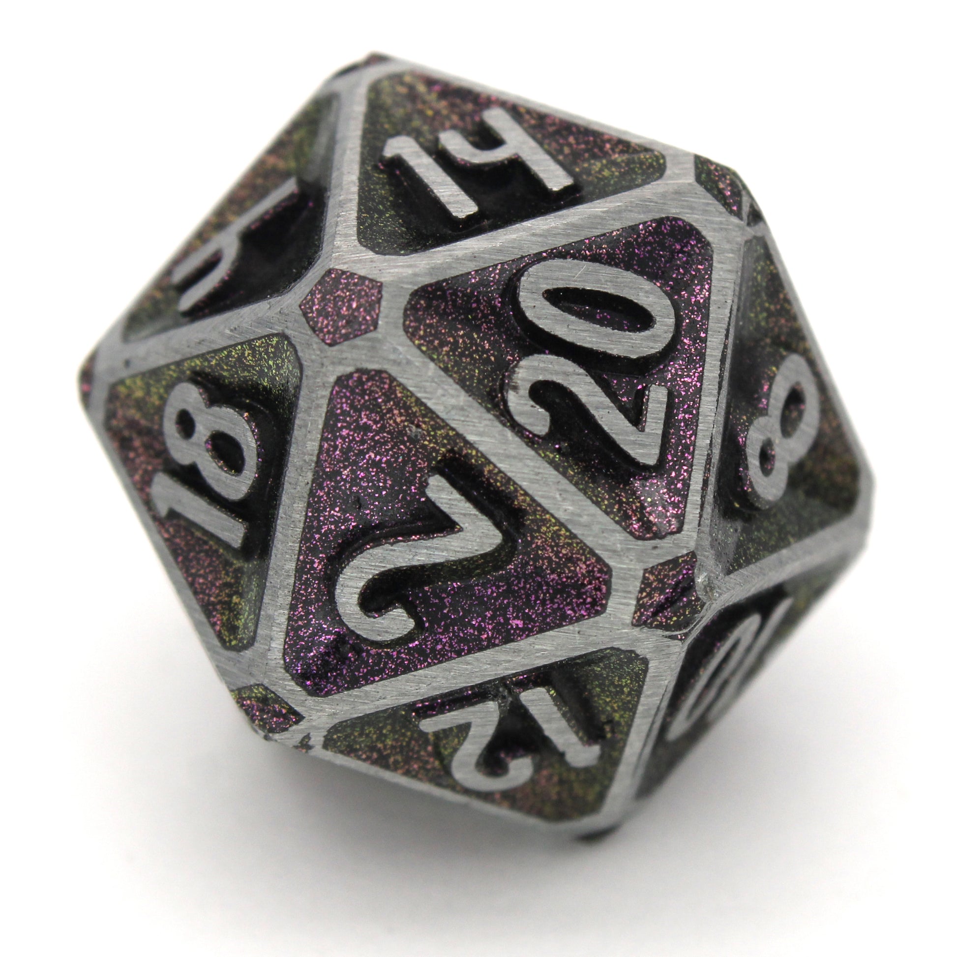Oath of Glory is a Dice Envy Original 8-piece set of zinc-alloy, concave, metal dice with a metallic burgundy paint glaze. It is part of the Oathbound collection.