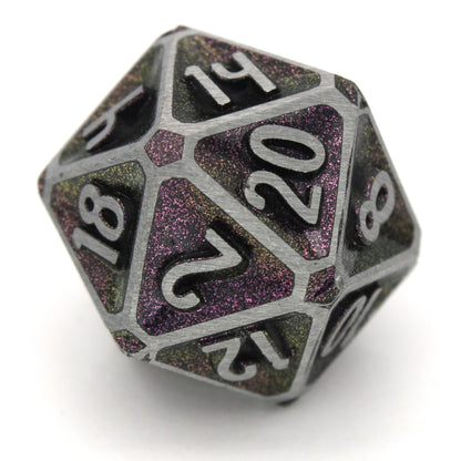 Oath of Glory is a Dice Envy Original 8-piece set of zinc-alloy, concave, metal dice with a metallic burgundy paint glaze. It is part of the Oathbound collection.