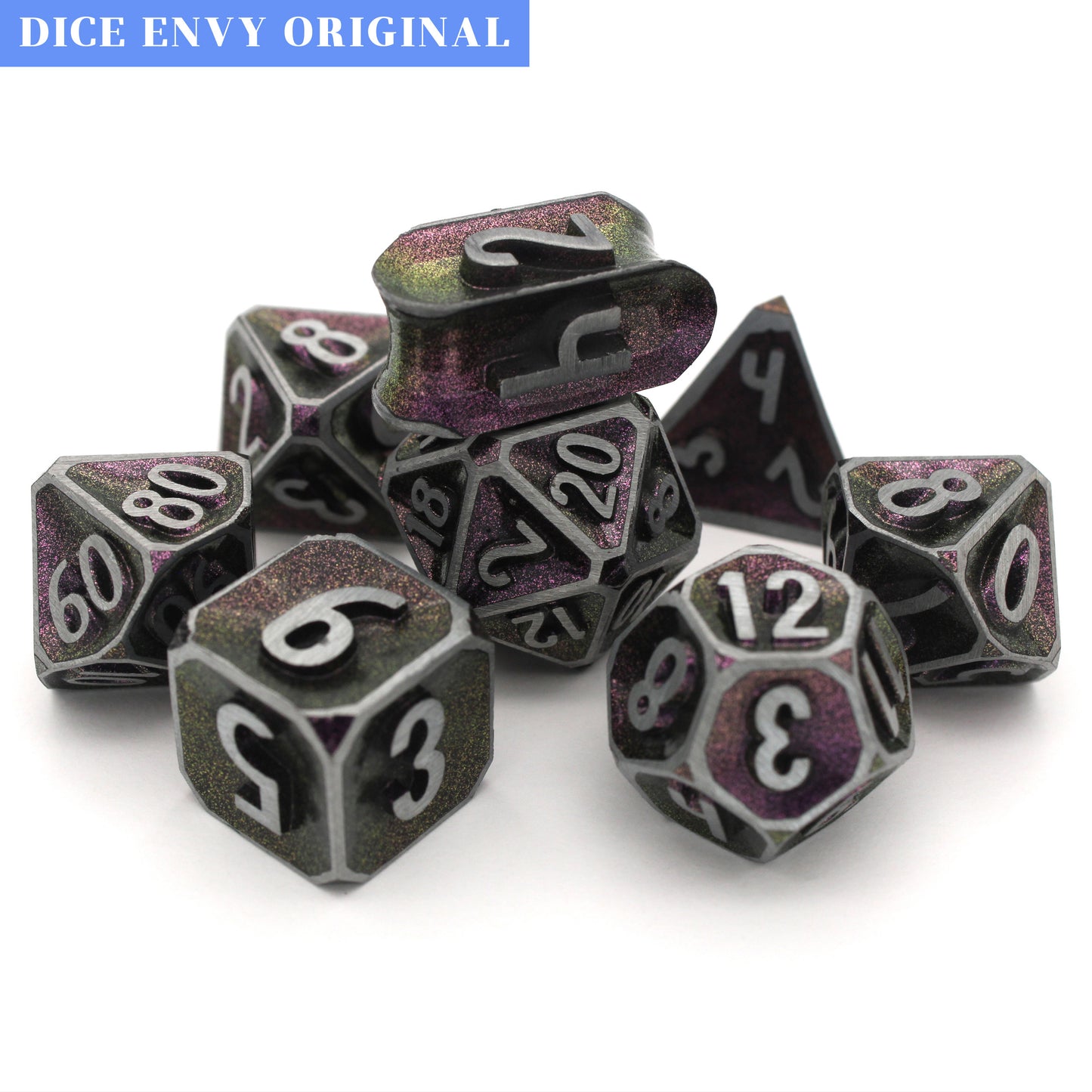 Oath of Glory is a Dice Envy Original 8-piece set of zinc-alloy, concave, metal dice with a metallic burgundy paint glaze. It is part of the Oathbound collection.