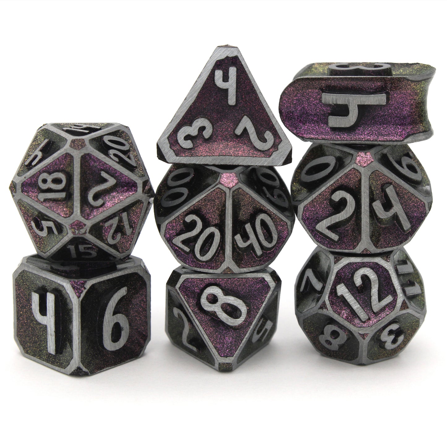 Oath of Glory is a Dice Envy Original 8-piece set of zinc-alloy, concave, metal dice with a metallic burgundy paint glaze. It is part of the Oathbound collection.