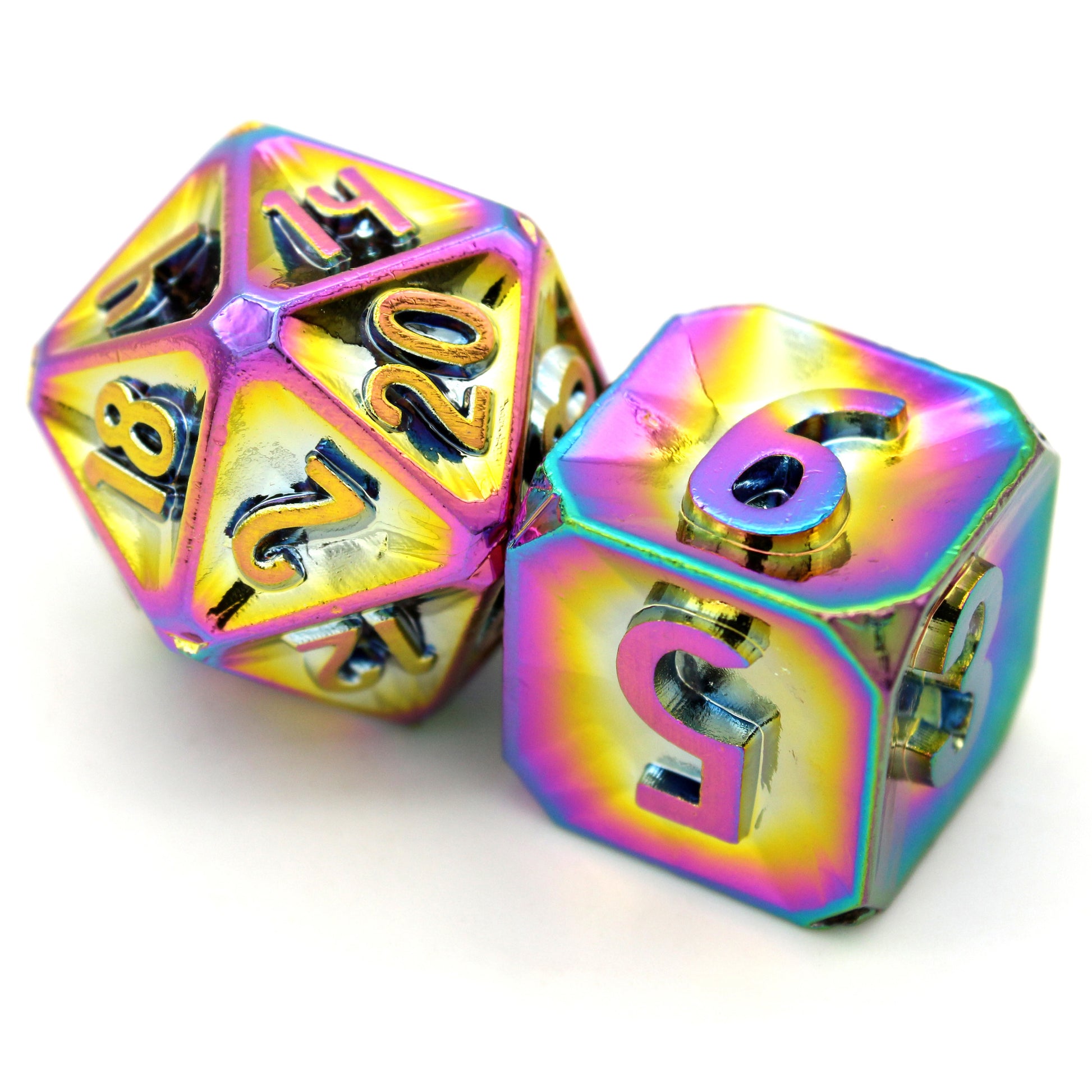 Oath of the Watchers is a Dice Envy Exclusive 8-piece set of zinc-alloy, concave, metal dice - neochrome in all the colors of the astral plane. It is part of the Oathbound collection.