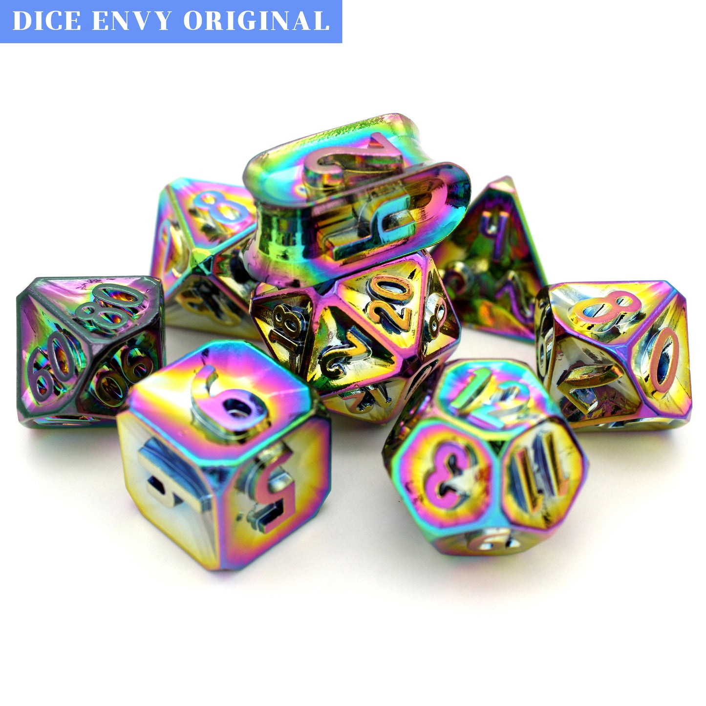 Oath of the Watchers is a Dice Envy Exclusive 8-piece set of zinc-alloy, concave, metal dice - neochrome in all the colors of the astral plane. It is part of the Oathbound collection.