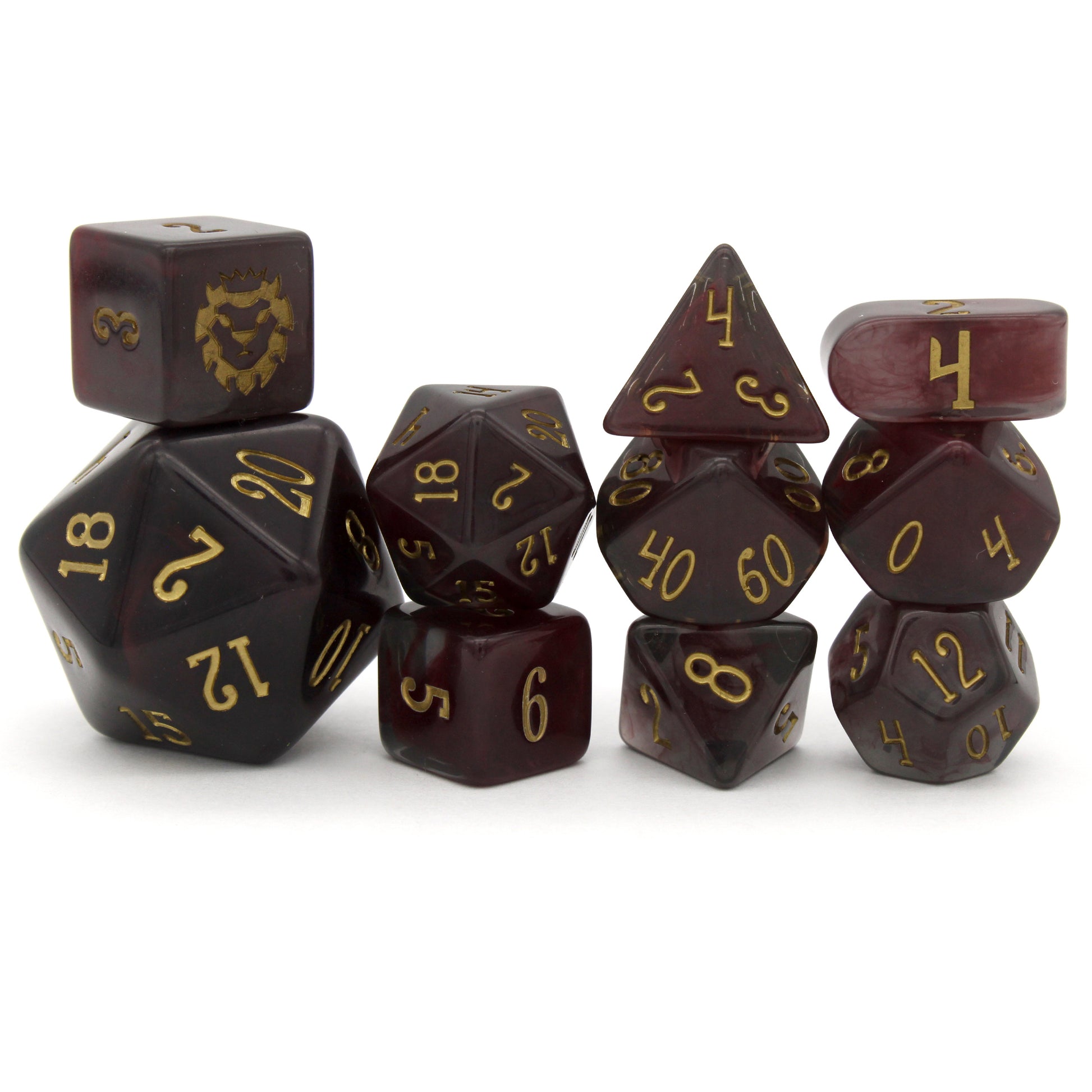 Old Blood is a 10-piece set of black and burgundy-swirled acrylic dice, inked in aged gold.