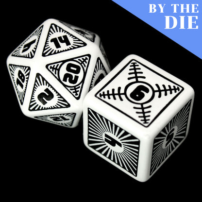 Omega is a reverse colorway of our ultra-popular Alpha dice, all done up to the nines in white acrylic with jet black inking in engraved resin.
