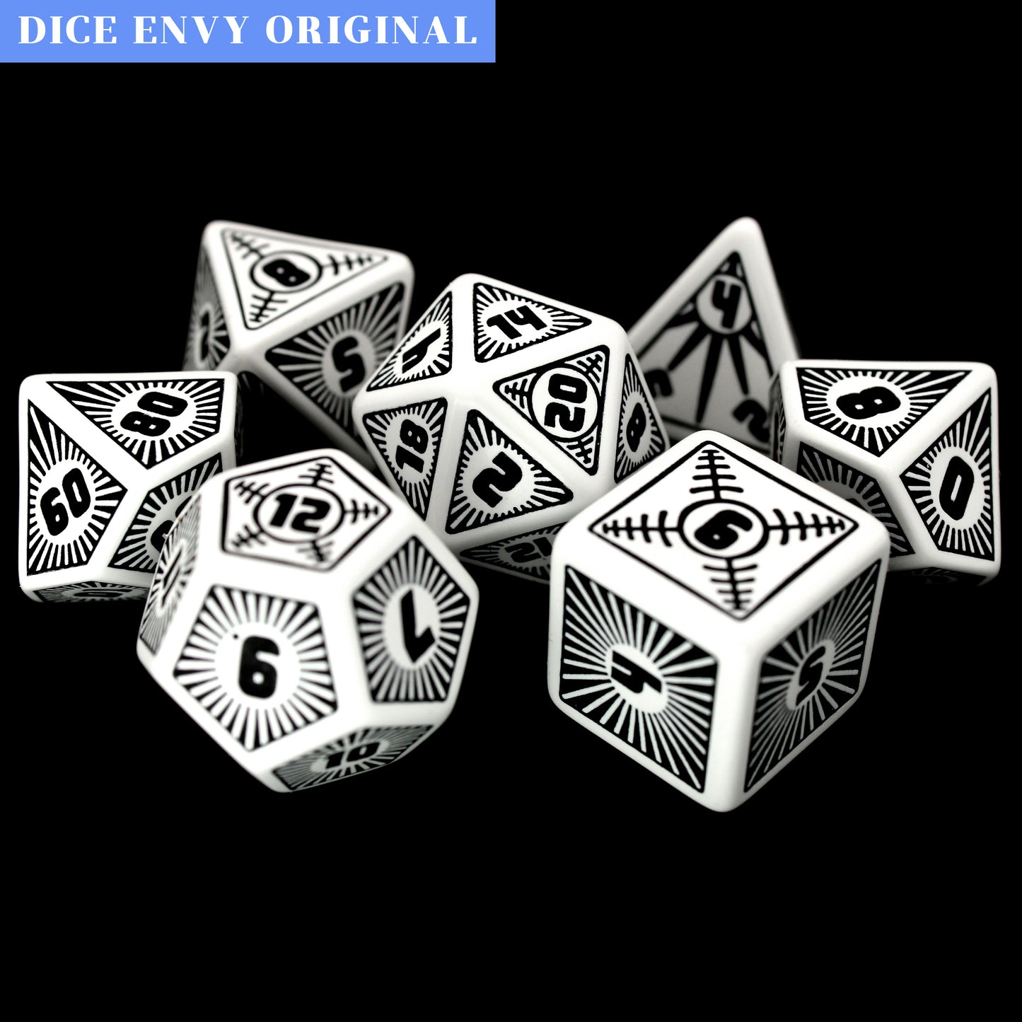 Omega is a reverse colorway of our ultra-popular Alpha dice, all done up to the nines in white acrylic with jet black inking in engraved resin. Make sure your dice bag is white-tie formal ready with Omega!