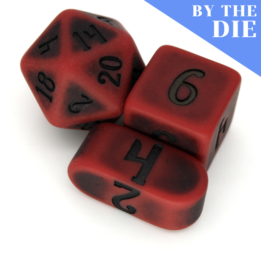 Orc Blood (by the die) are hemophiliac-scarlet, individual resin dice with a matte finish and darkened center pattern, inked in black. A crimson part of our Monstrous Elements collection!