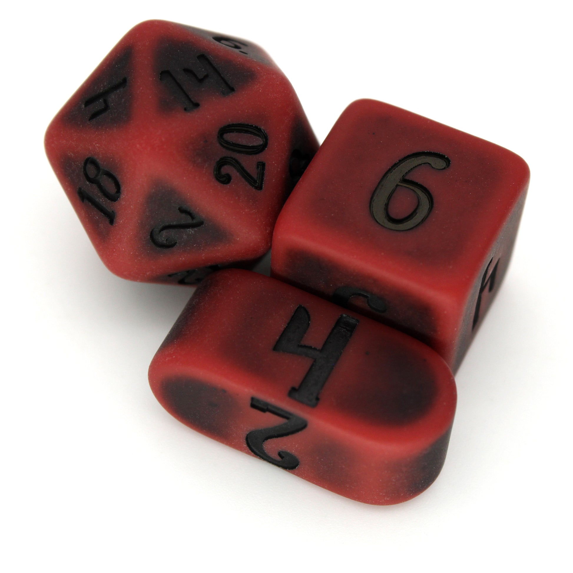 Orc Blood is a 10-piece, hemophiliac-scarlet, resin dice set with a matte finish and darkened center pattern, inked in black.