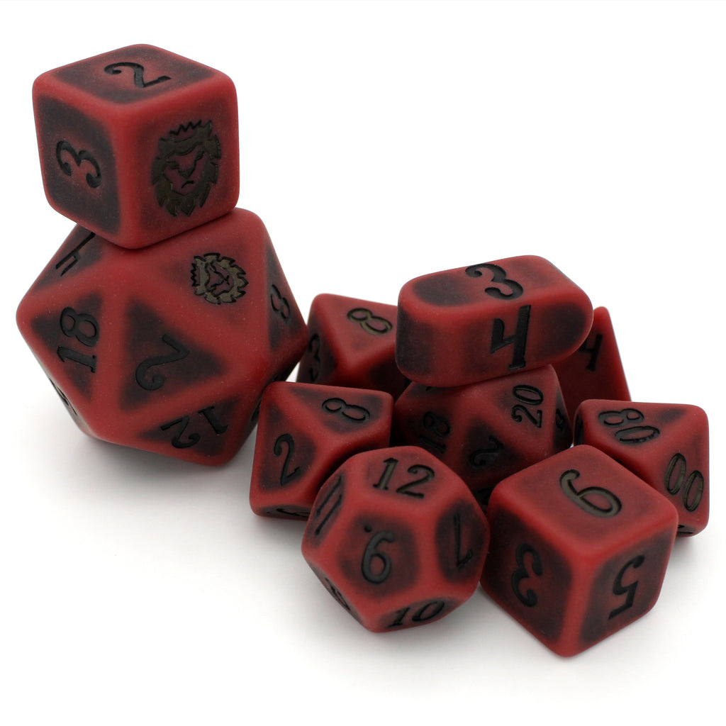 Orc Blood is a 10-piece, hemophiliac-scarlet, resin dice set with a matte finish and darkened center pattern, inked in black.