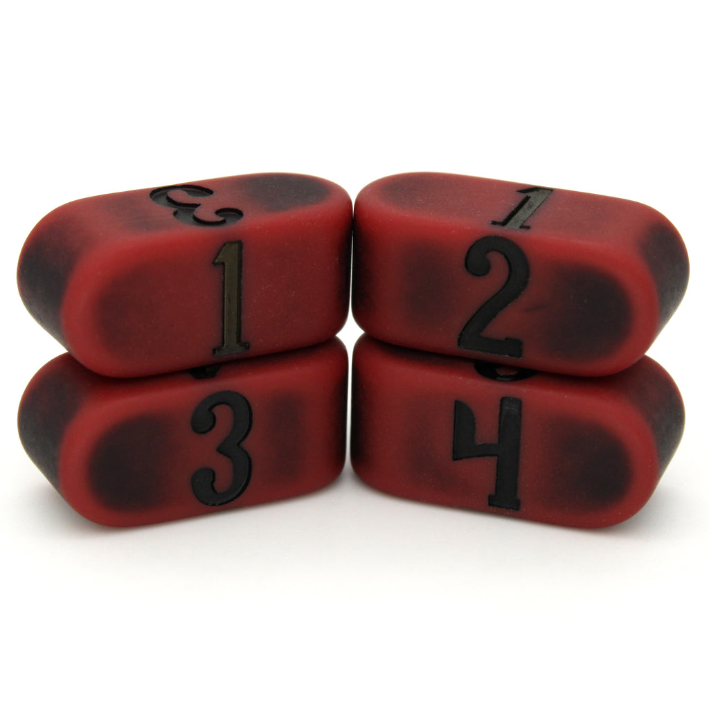 Orc Blood Infinity is a hemophiliac-scarlet, acrylic Infinity d4 with a matte finish and darkened pattern, inked in black.