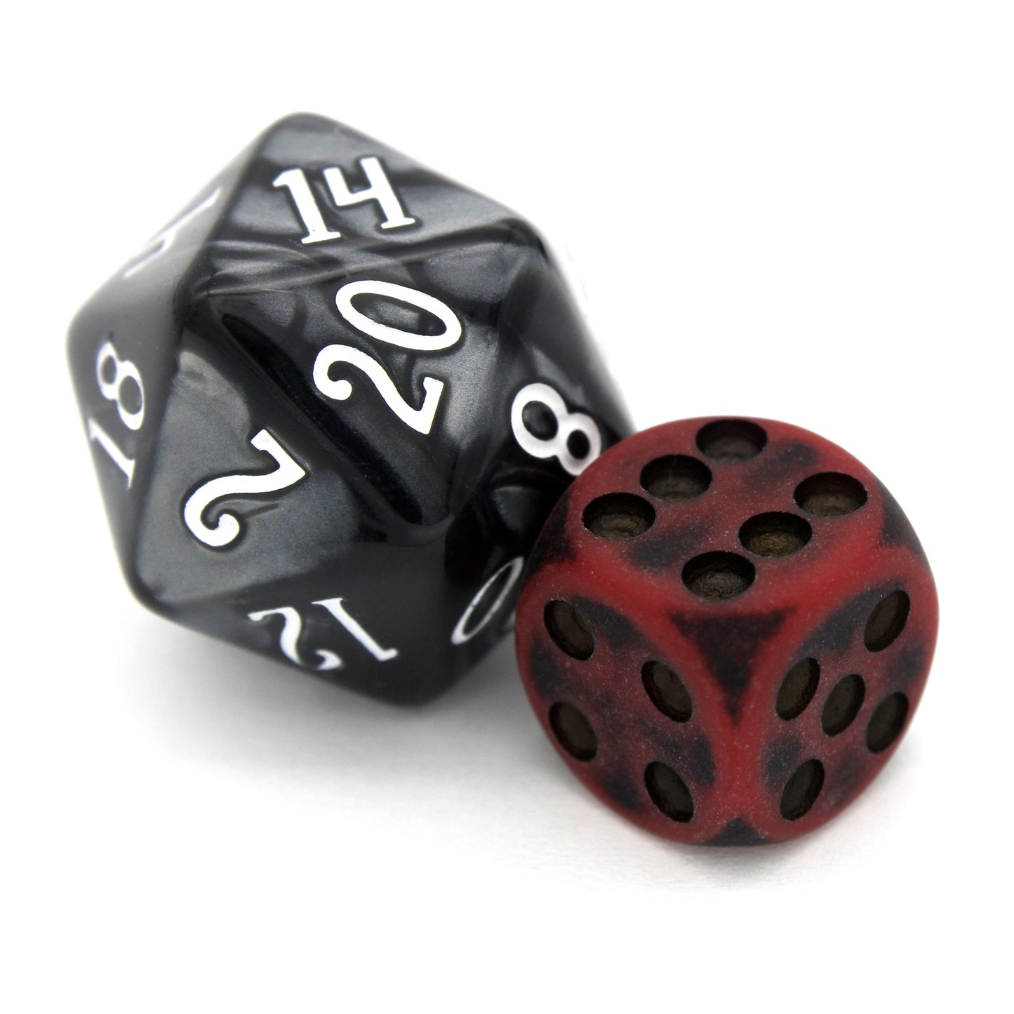 Orc Blood is a 10-piece set of dark red 12mm d6s, with pips inked in black.