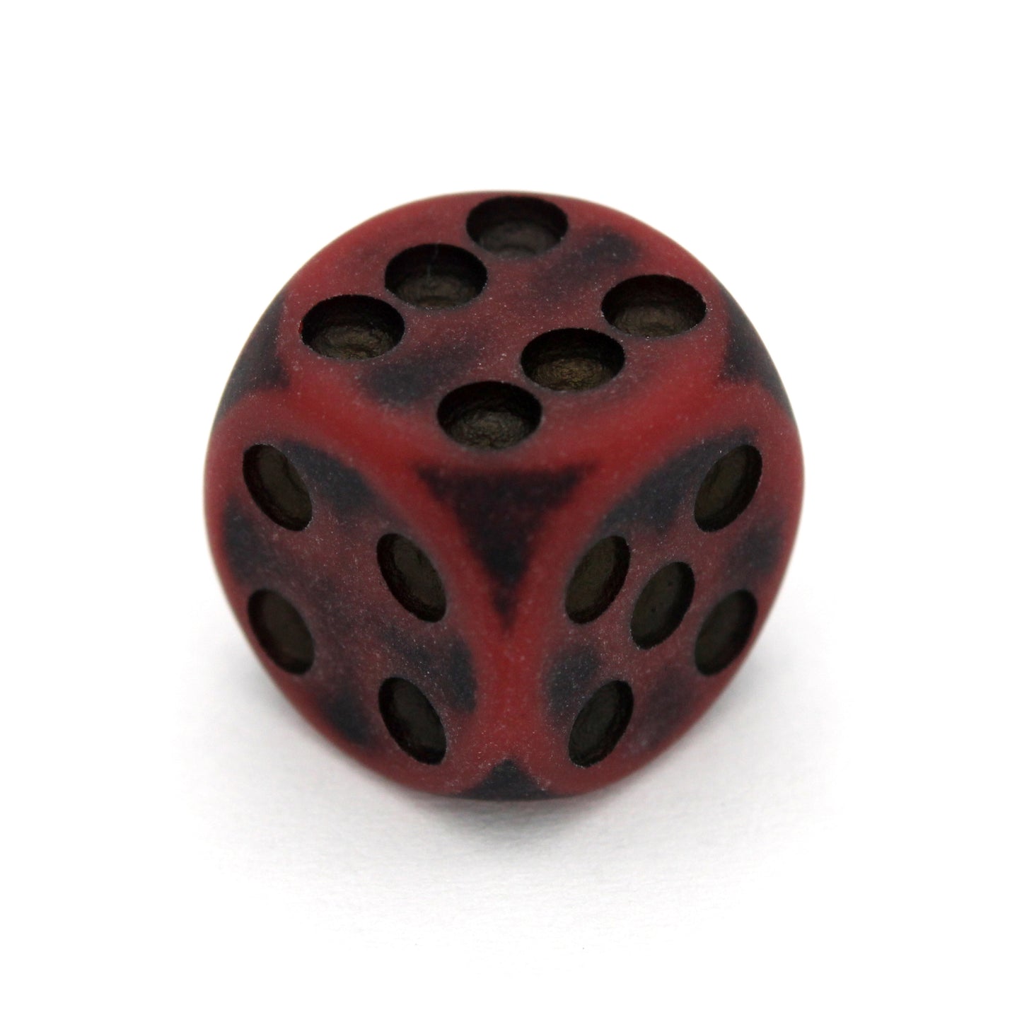 Orc Blood is a 10-piece set of dark red 12mm d6s, with pips inked in black.