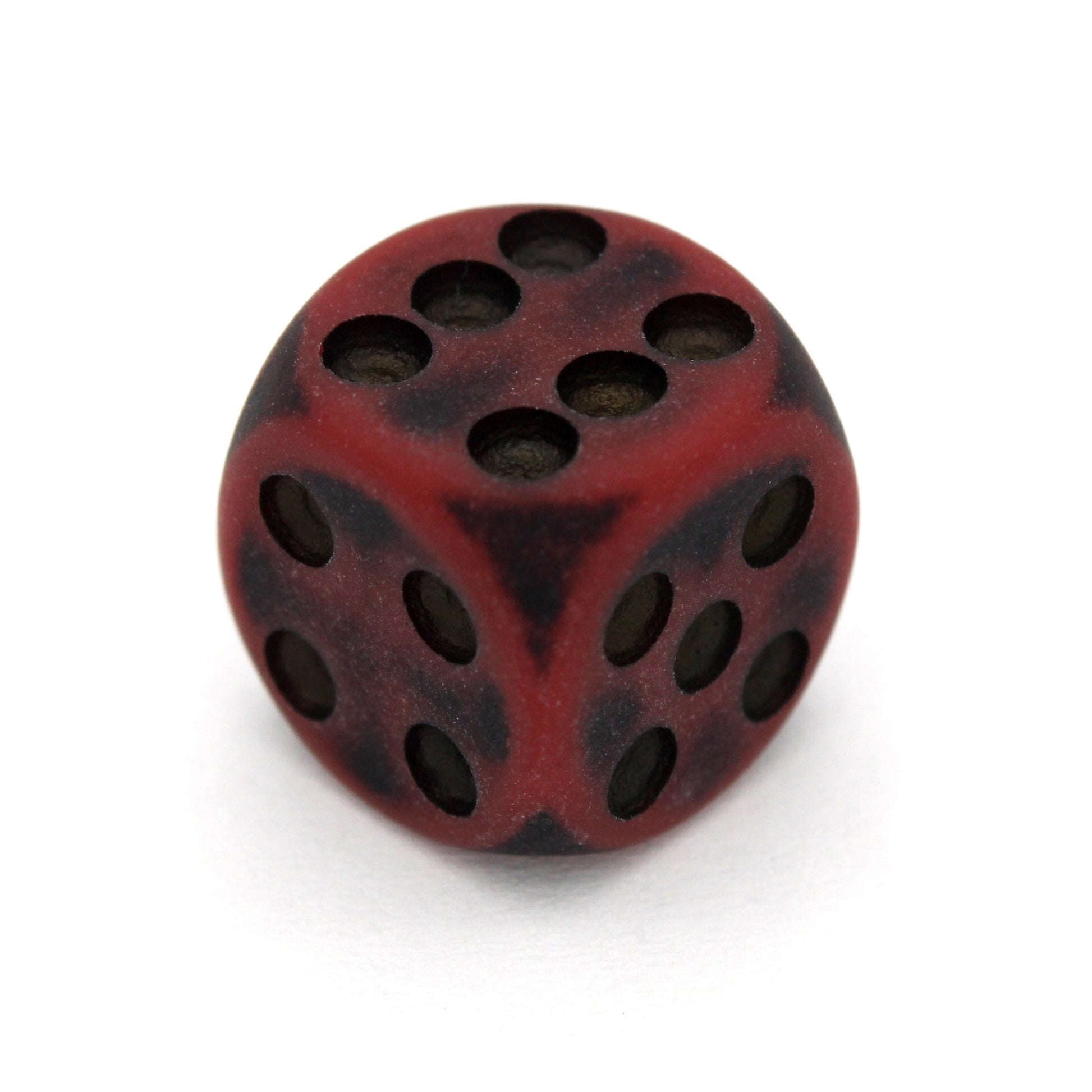 Orc Blood is a 10-piece set of dark red 12mm d6s, with pips inked in black.