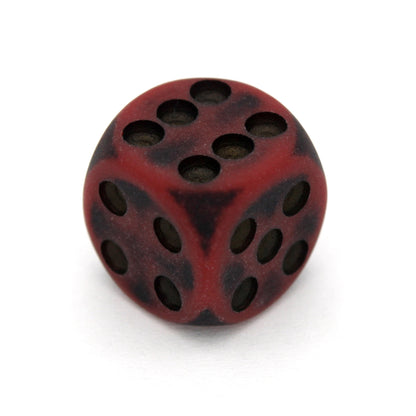 Orc Blood is a 10-piece set of dark red 12mm d6s, with pips inked in black.