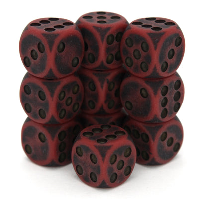 Orc Blood is a 10-piece set of dark red 12mm d6s, with pips inked in black.
