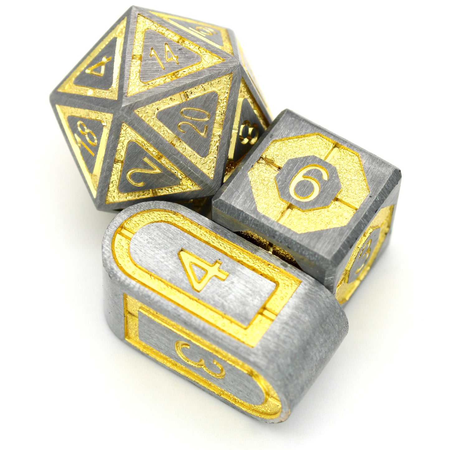 Ore Core is an 8-piece metal set featuring geometric channels of textured golden yellow enamel running through a frosted steel frame. Perfect for your next sci-fi campaign!
