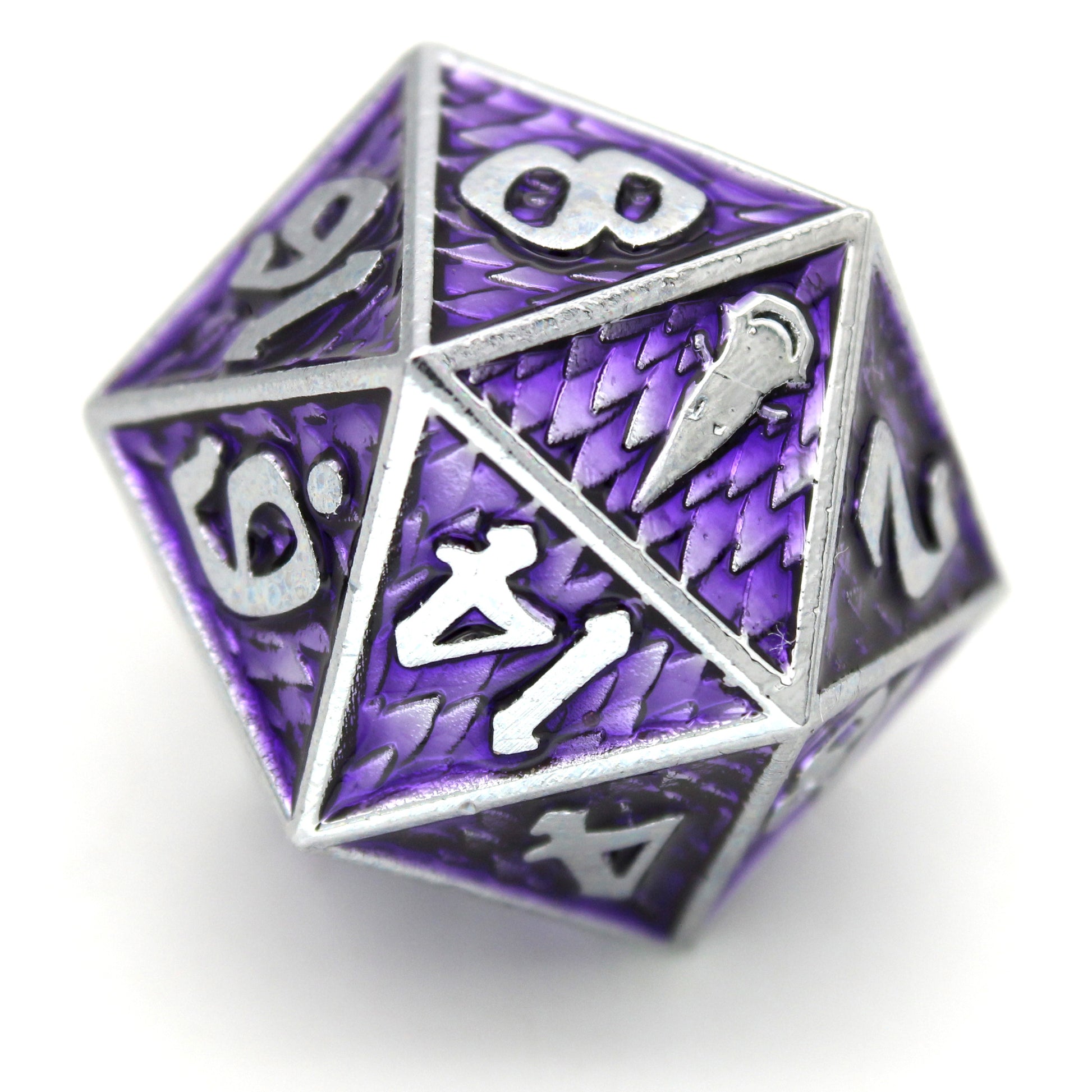 Pactbound is an 8-piece Dice Envy exclusive set of silver metal dice in our Raven Queen mold, cloaked in warlock purple ink.