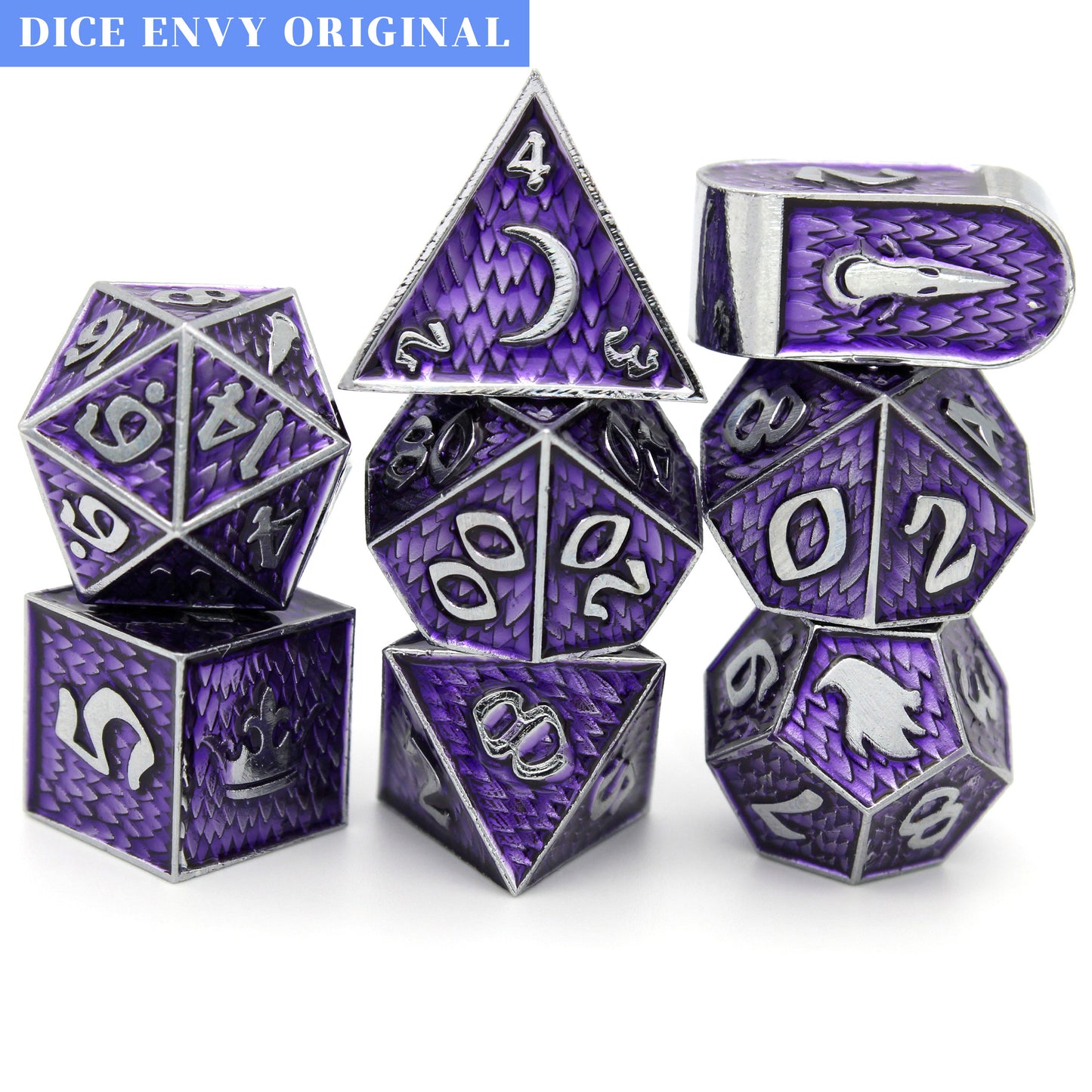 Pactbound is an 8-piece Dice Envy exclusive set of silver metal dice in our Raven Queen mold, cloaked in warlock purple ink.