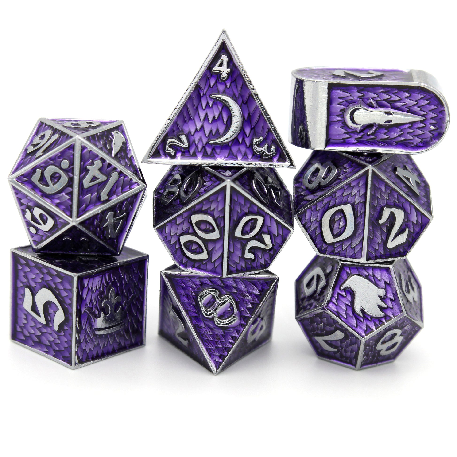 Pactbound is an 8-piece Dice Envy exclusive set of silver metal dice in our Raven Queen mold, cloaked in warlock purple ink.