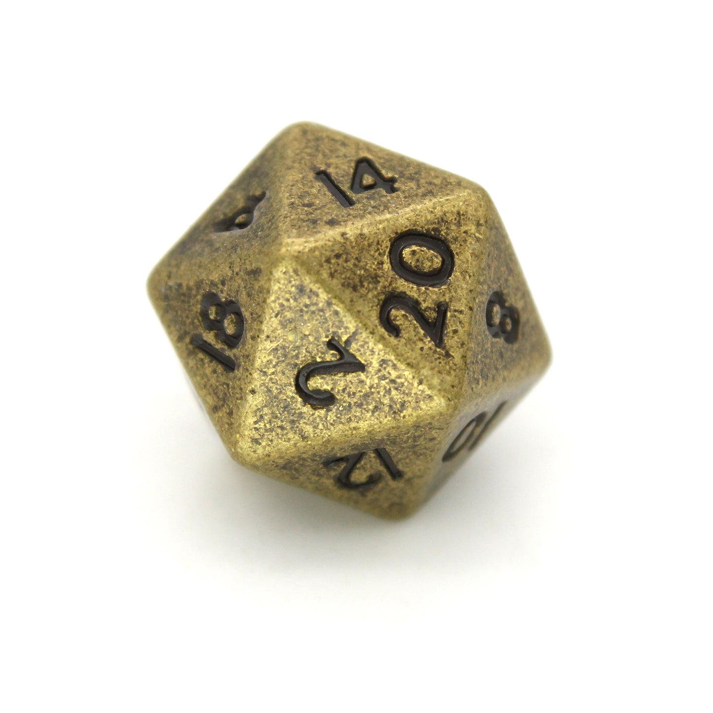 Peanuts is a 7-piece set of ancient gold colored 10mm metal dice.
