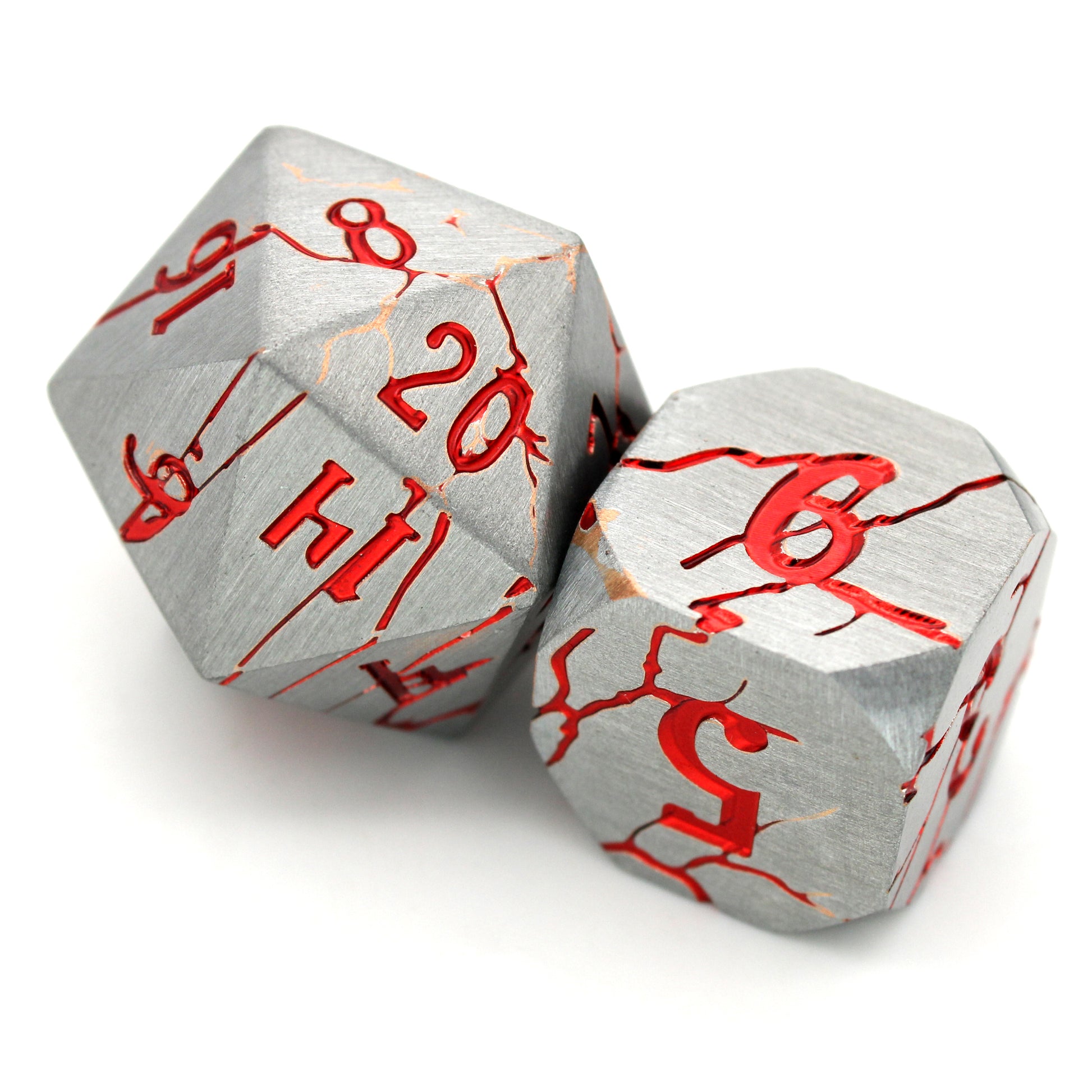Phlegethos Flame is a 7-piece set of silver dice, featuring cracks and numbers of metallic, fiery red.