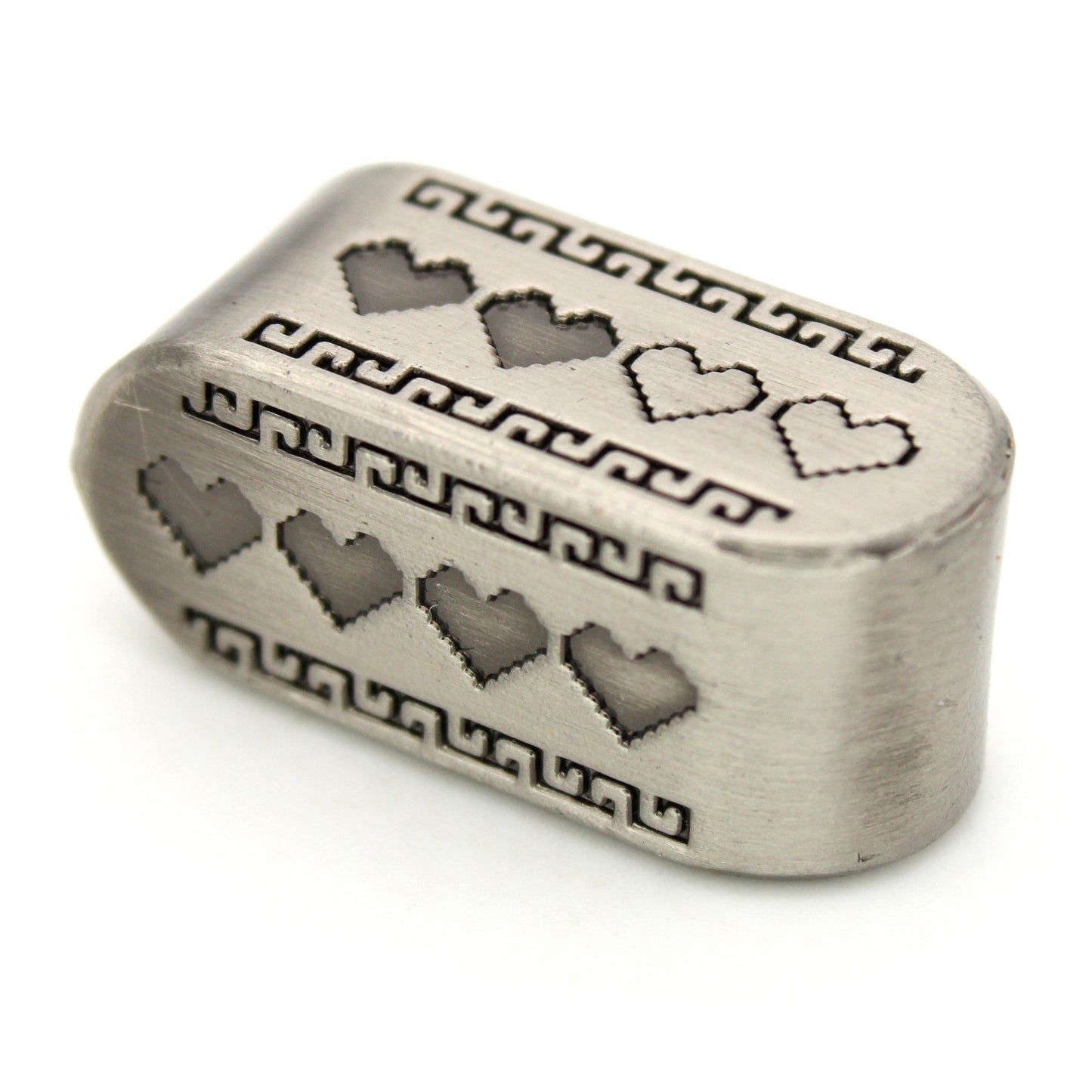 Pixel Hearts: Death Mountain are custom Infinity d4s cast in silver metal.