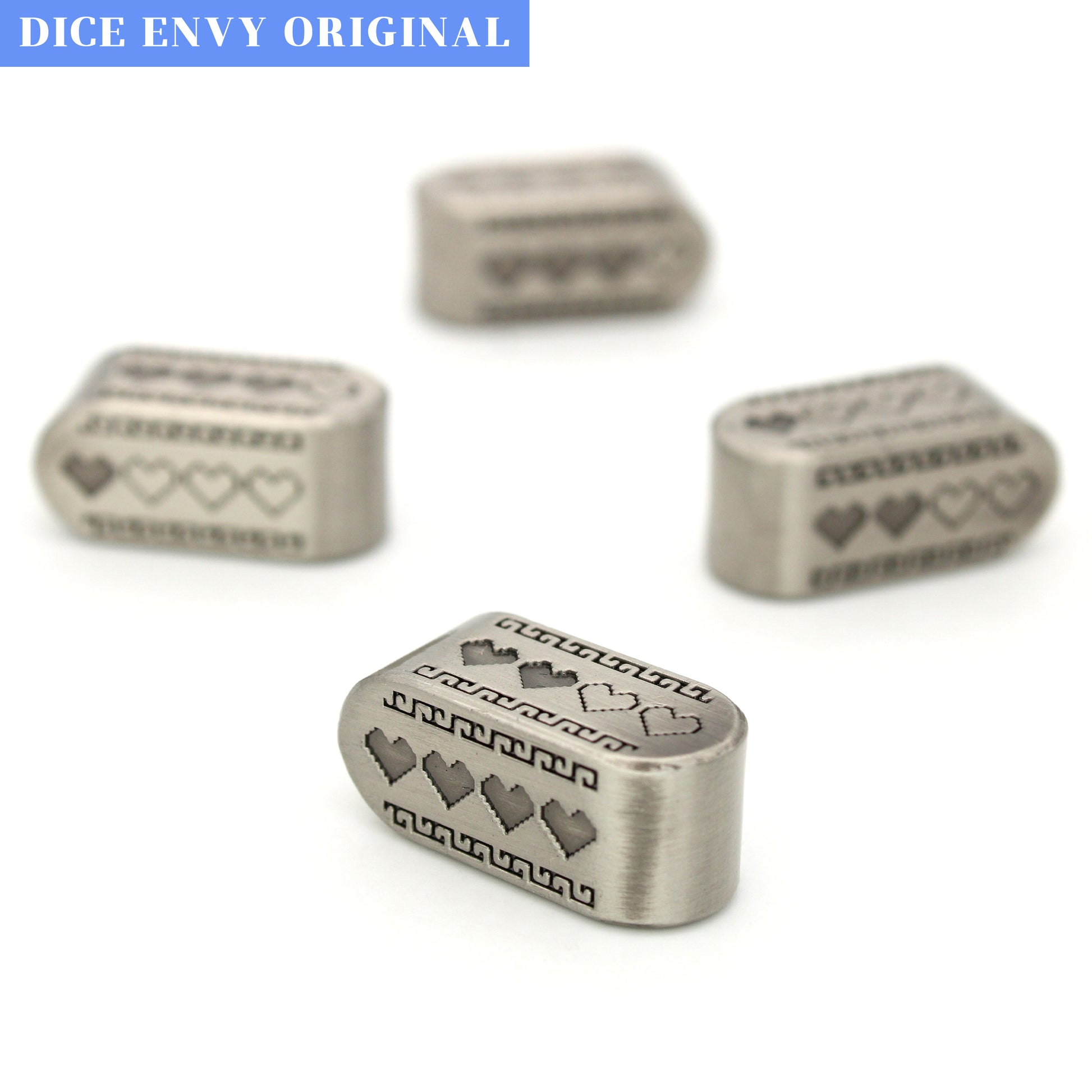 Pixel Hearts: Death Mountain are custom Infinity d4s cast in silver metal.