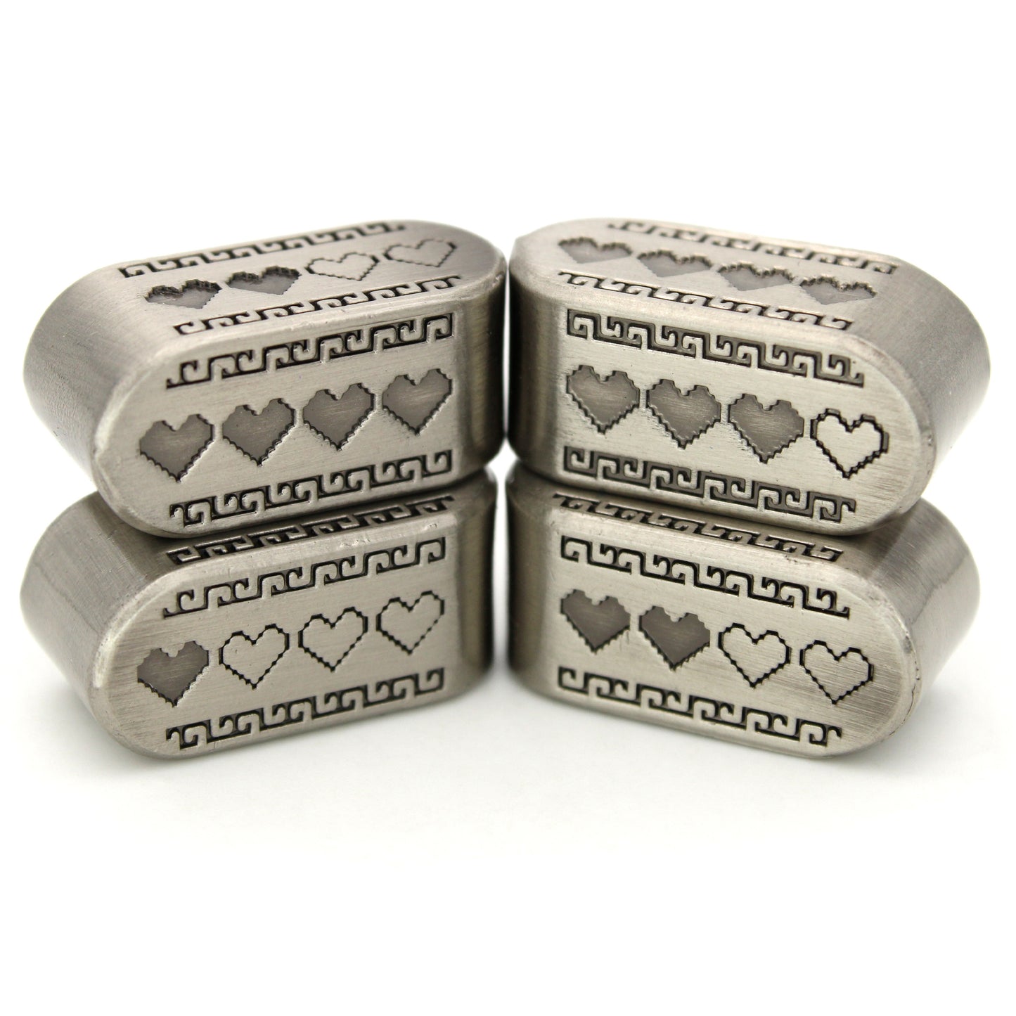 Pixel Hearts: Death Mountain are custom Infinity d4s cast in silver metal.