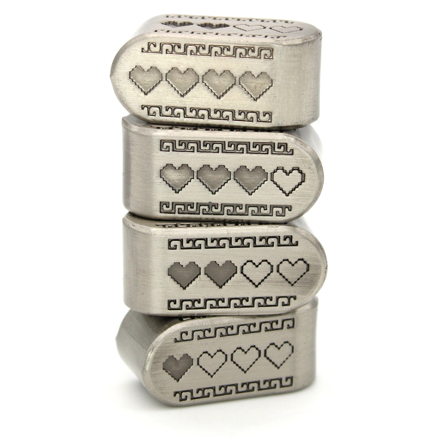 Pixel Hearts: Death Mountain are custom Infinity d4s cast in silver metal.